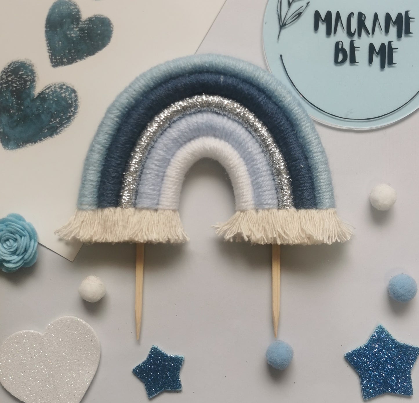 Macrame rainbow cake topper, blue cake decor, boho rainbow cake topper, christening cake decor, 1st birthday cake topper, gender reveal decor, baby shower cake decor