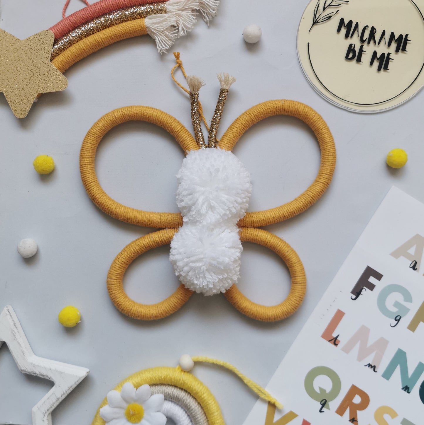 Macrame butterfly wall hanging decoration, yellow nursery decor, nursery shelf decor, girls room decor, boho nursery decor