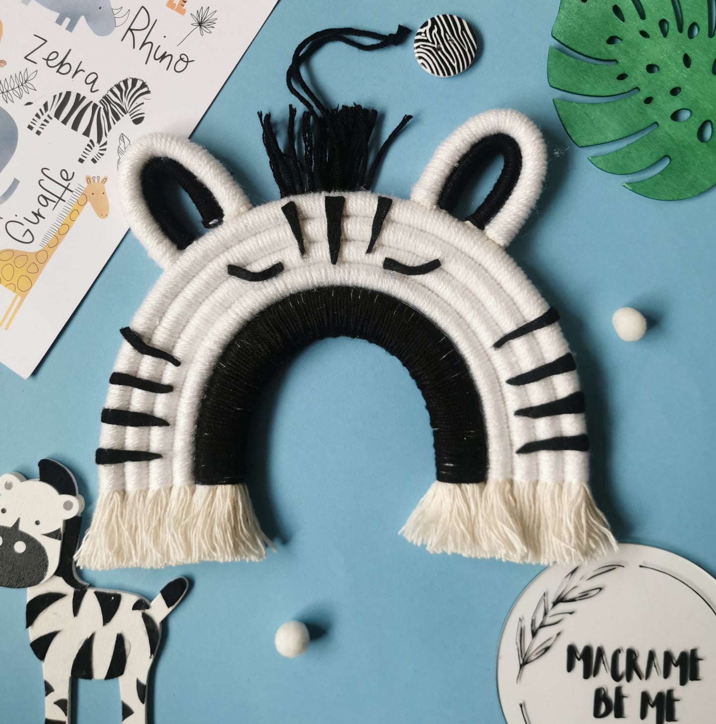 Macrame zebra wall hanging decoration, safari nursery decor, zebra wall hanging, macrame rainbow, animal decor