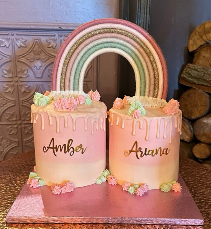Macrame rainbow cake topper, pink cake decor, boho rainbow cake topper, christening cake decor, 1st birthday cake topper, gender reveal decor, baby shower cake decor