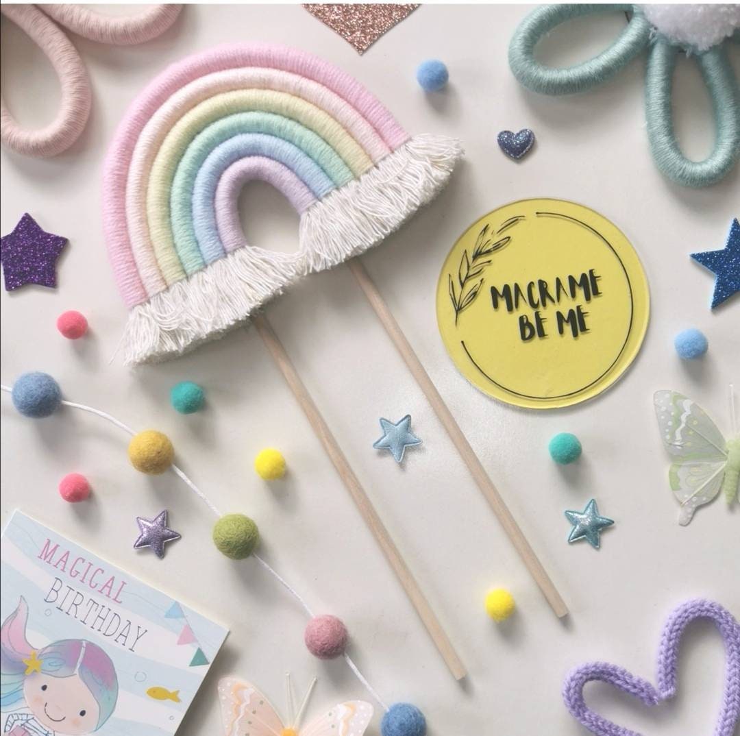 Macrame rainbow cake topper, pastel cake decor, boho rainbow cake topper, christening cake decor, 1st birthday cake topper, baby shower cake decor