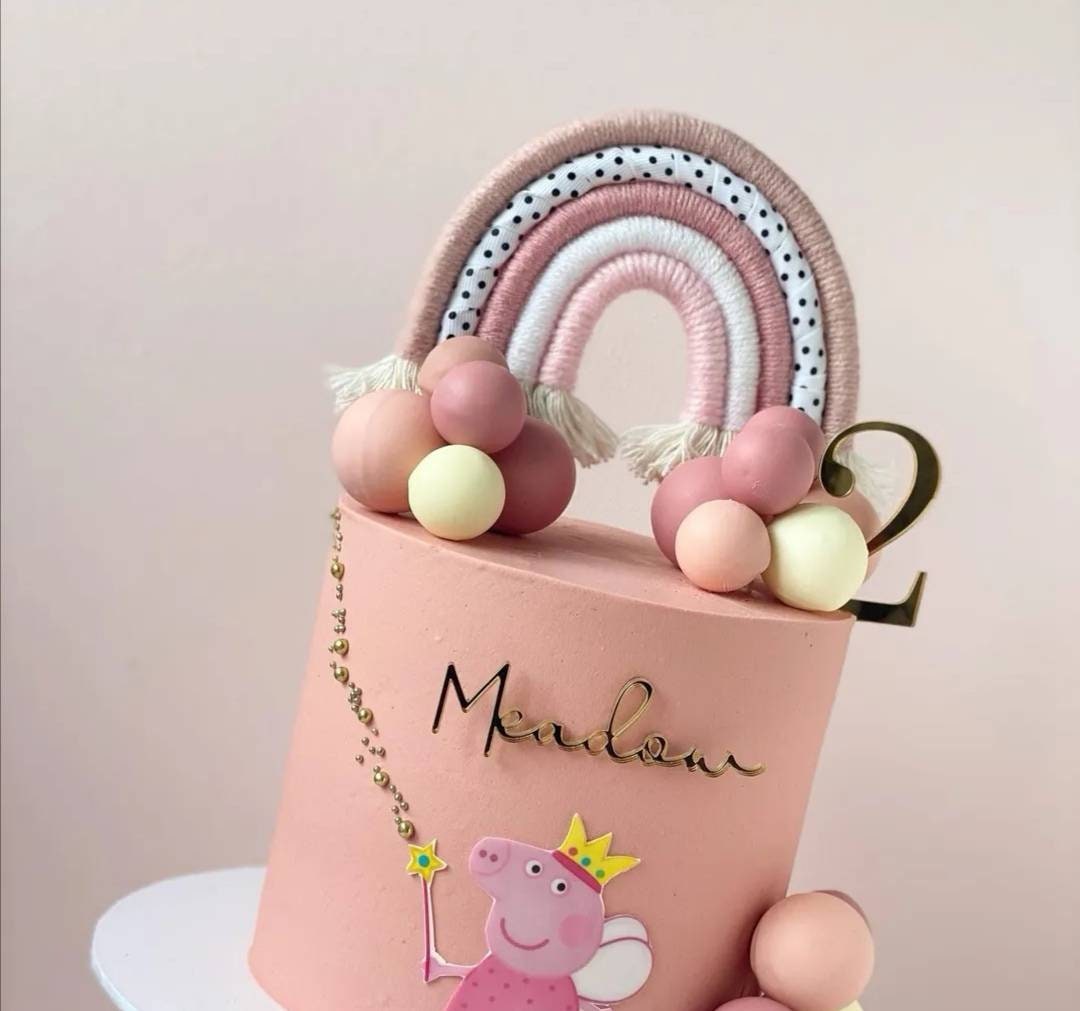 Macrame rainbow cake topper, pink cake decor, boho rainbow cake topper, christening cake decor, 1st birthday cake topper, gender reveal decor, baby shower cake decor