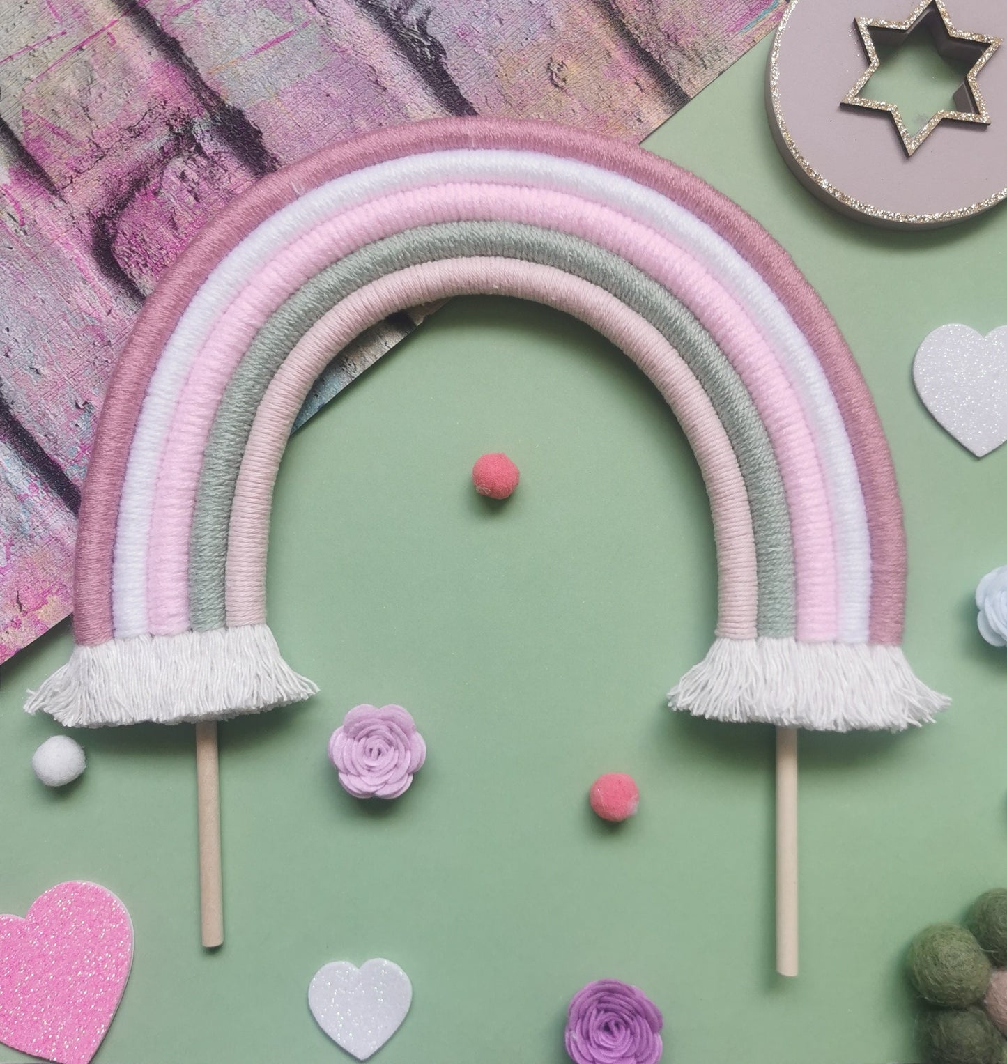 Macrame rainbow cake topper, pink cake decor, boho rainbow cake topper, christening cake decor, 1st birthday cake topper, gender reveal decor, baby shower cake decor
