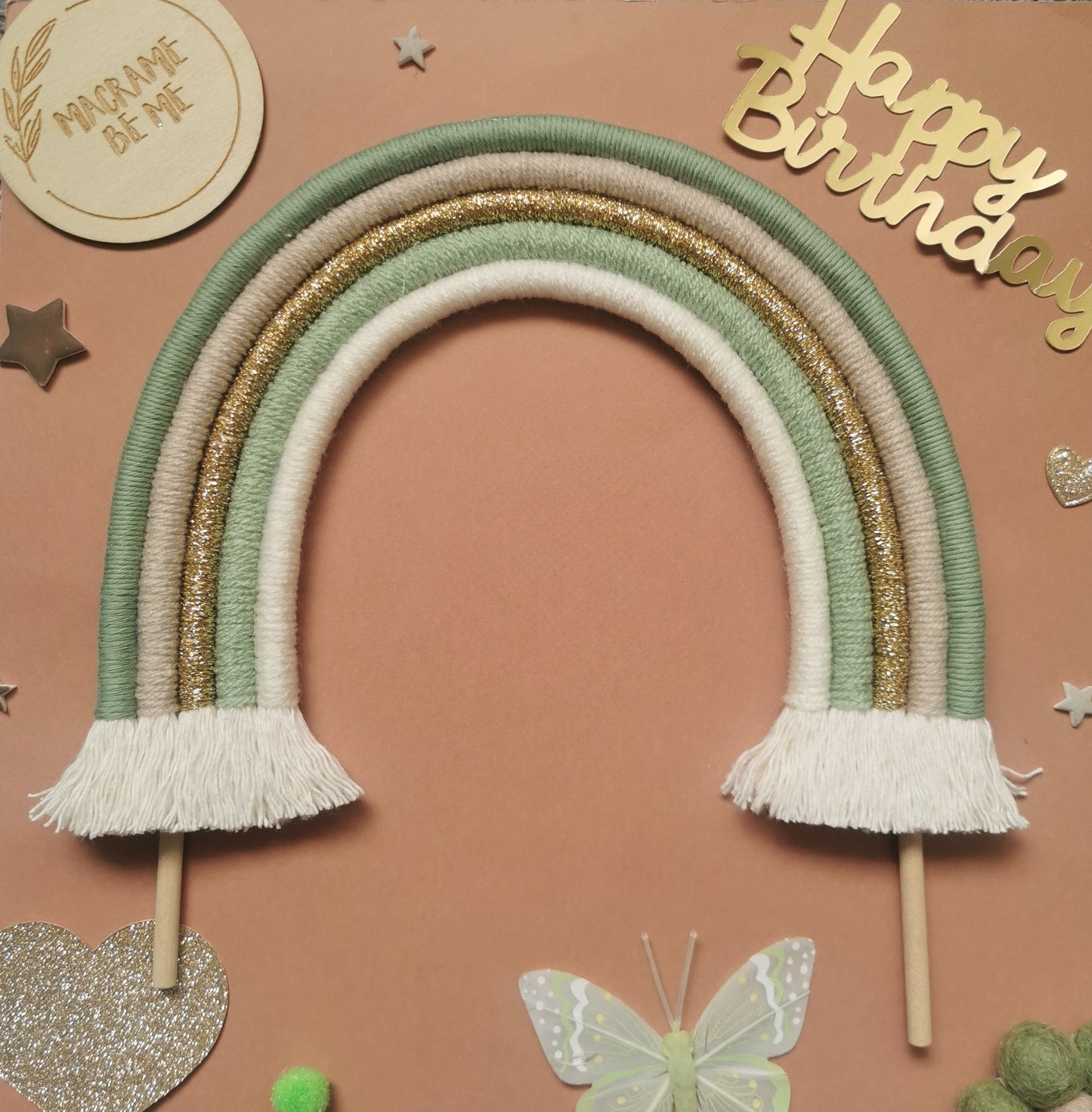 Macrame rainbow cake topper, green cake decor, boho rainbow cake topper, christening cake decor, 1st birthday cake topper, gender reveal decor, baby shower cake decor