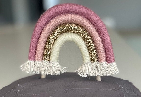 Macrame rainbow cake topper, pink cake decor, boho rainbow cake topper, christening cake decor, 1st birthday cake topper, gender reveal decor, baby shower cake decor
