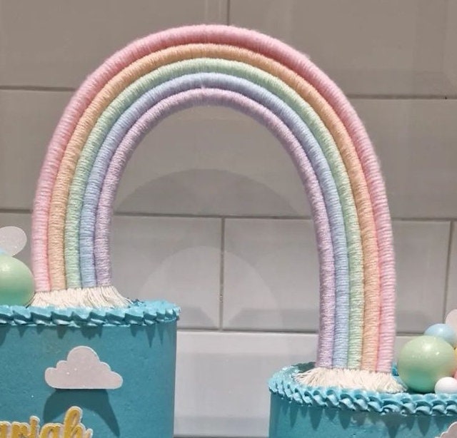 Macrame rainbow cake topper, pastel cake decor, boho rainbow cake topper, christening cake decor, 1st birthday cake topper, baby shower cake decor