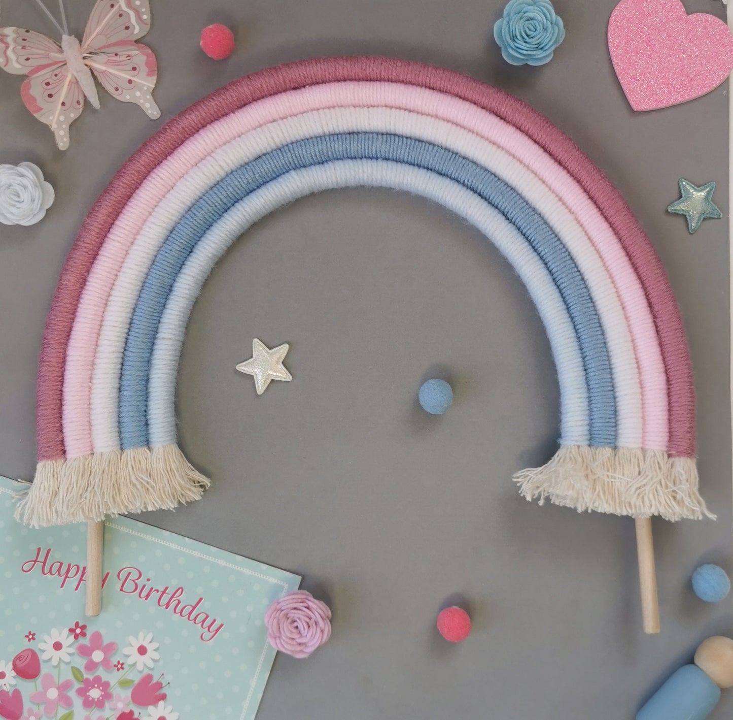 Macrame rainbow cake topper, pink and blue cake decor, boho rainbow cake topper, christening cake decor, 1st birthday cake topper, gender reveal decor, baby shower cake decor