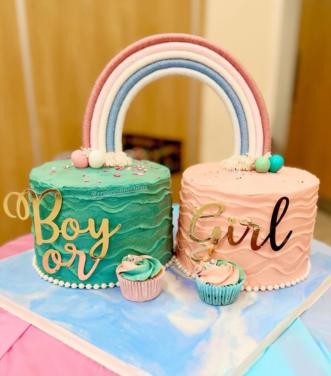 Macrame rainbow cake topper, pink and blue cake decor, boho rainbow cake topper, christening cake decor, 1st birthday cake topper, gender reveal decor, baby shower cake decor