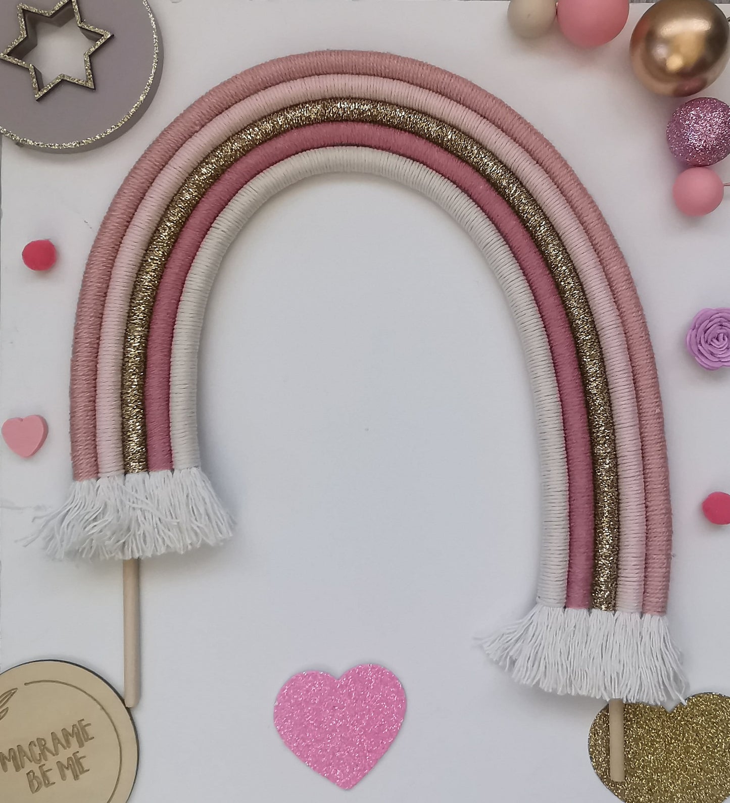 Macrame rainbow cake topper, pink cake decor, boho rainbow cake topper, christening cake decor, 1st birthday cake topper, gender reveal decor, baby shower cake decor