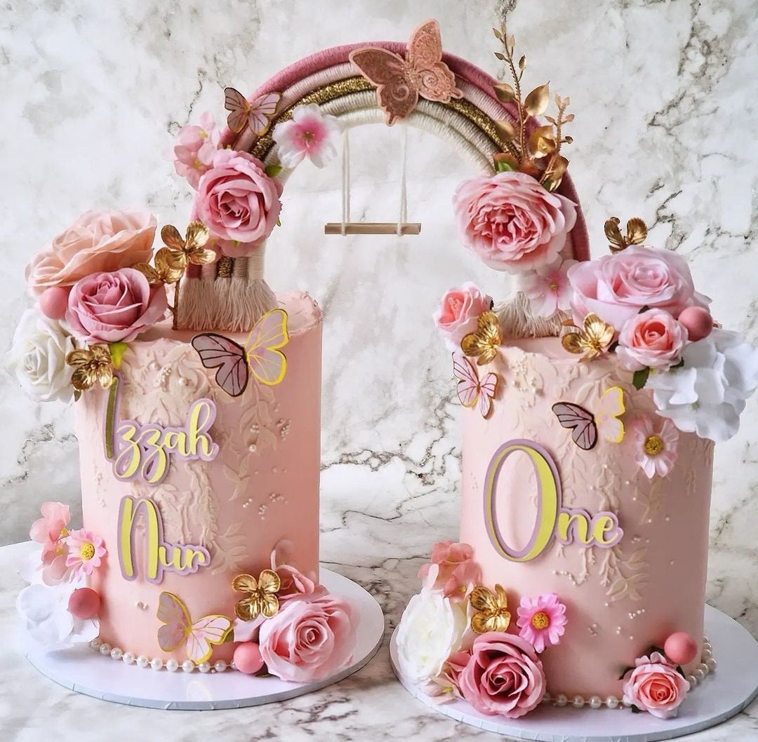 Macrame rainbow cake topper, pink cake decor, boho rainbow cake topper, christening cake decor, 1st birthday cake topper, gender reveal decor, baby shower cake decor