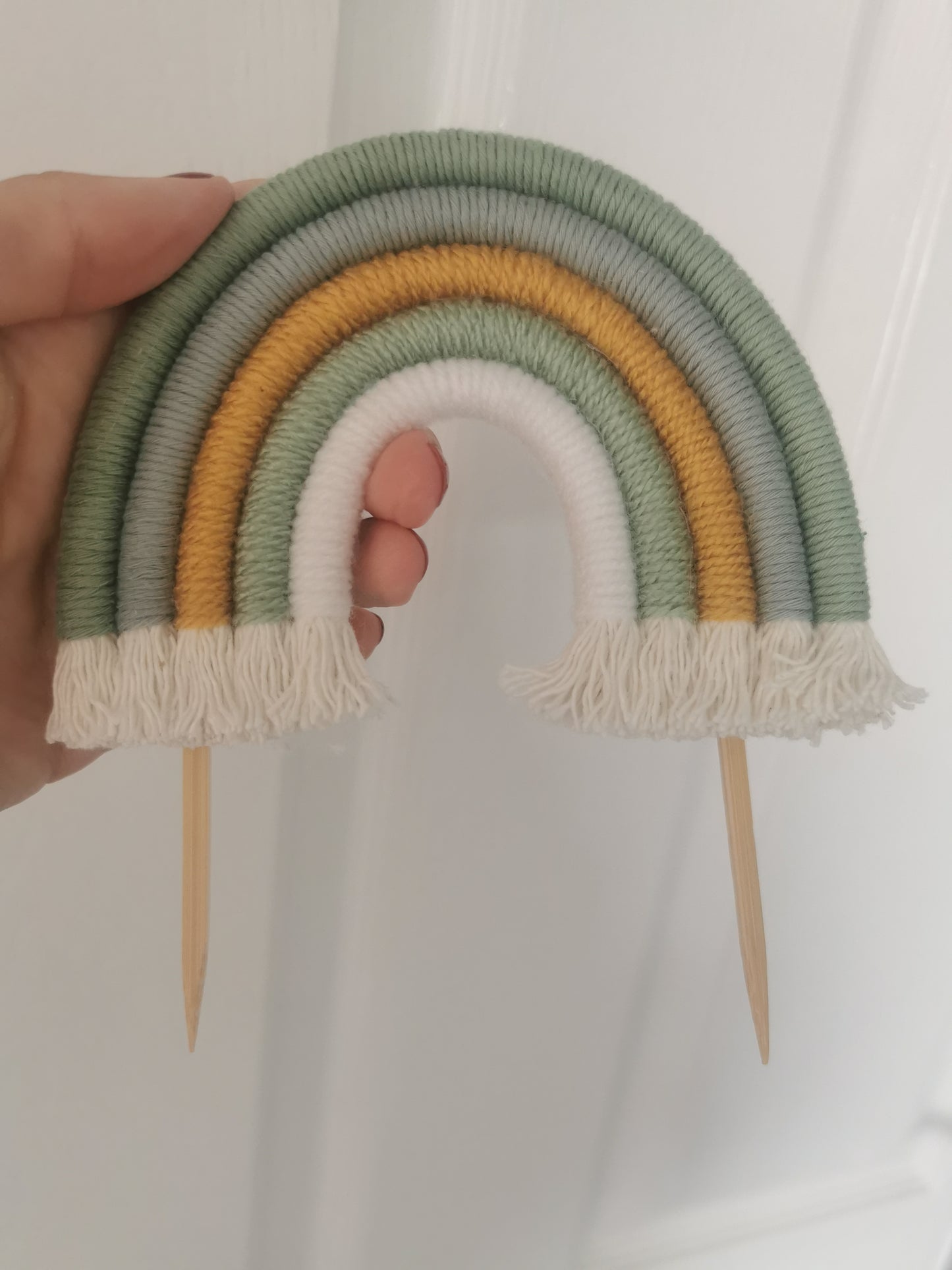 Macrame rainbow cake topper, green cake decor, boho rainbow cake topper, christening cake decor, 1st birthday cake topper, gender reveal decor, baby shower cake decor