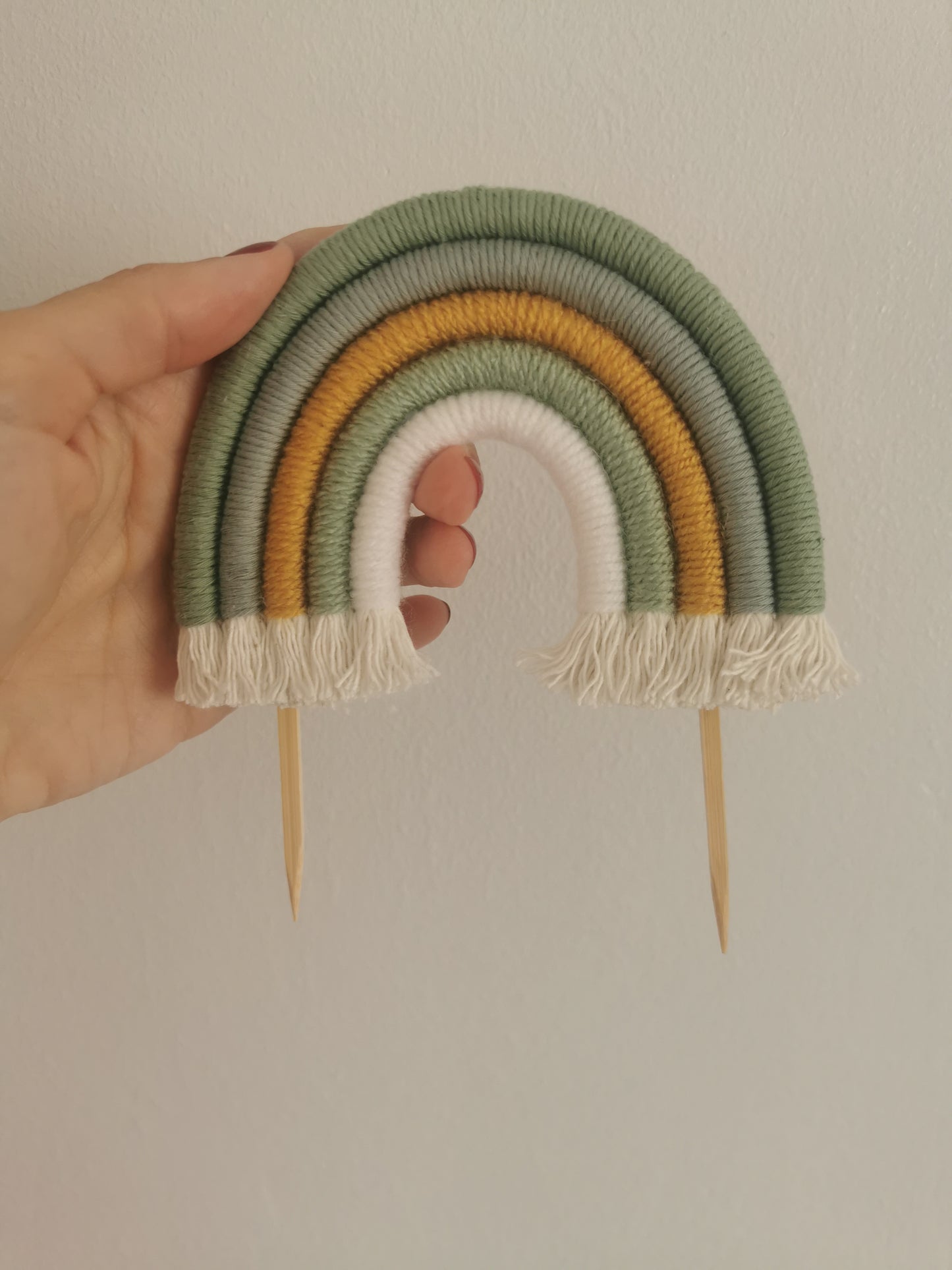 Macrame rainbow cake topper, green cake decor, boho rainbow cake topper, christening cake decor, 1st birthday cake topper, gender reveal decor, baby shower cake decor