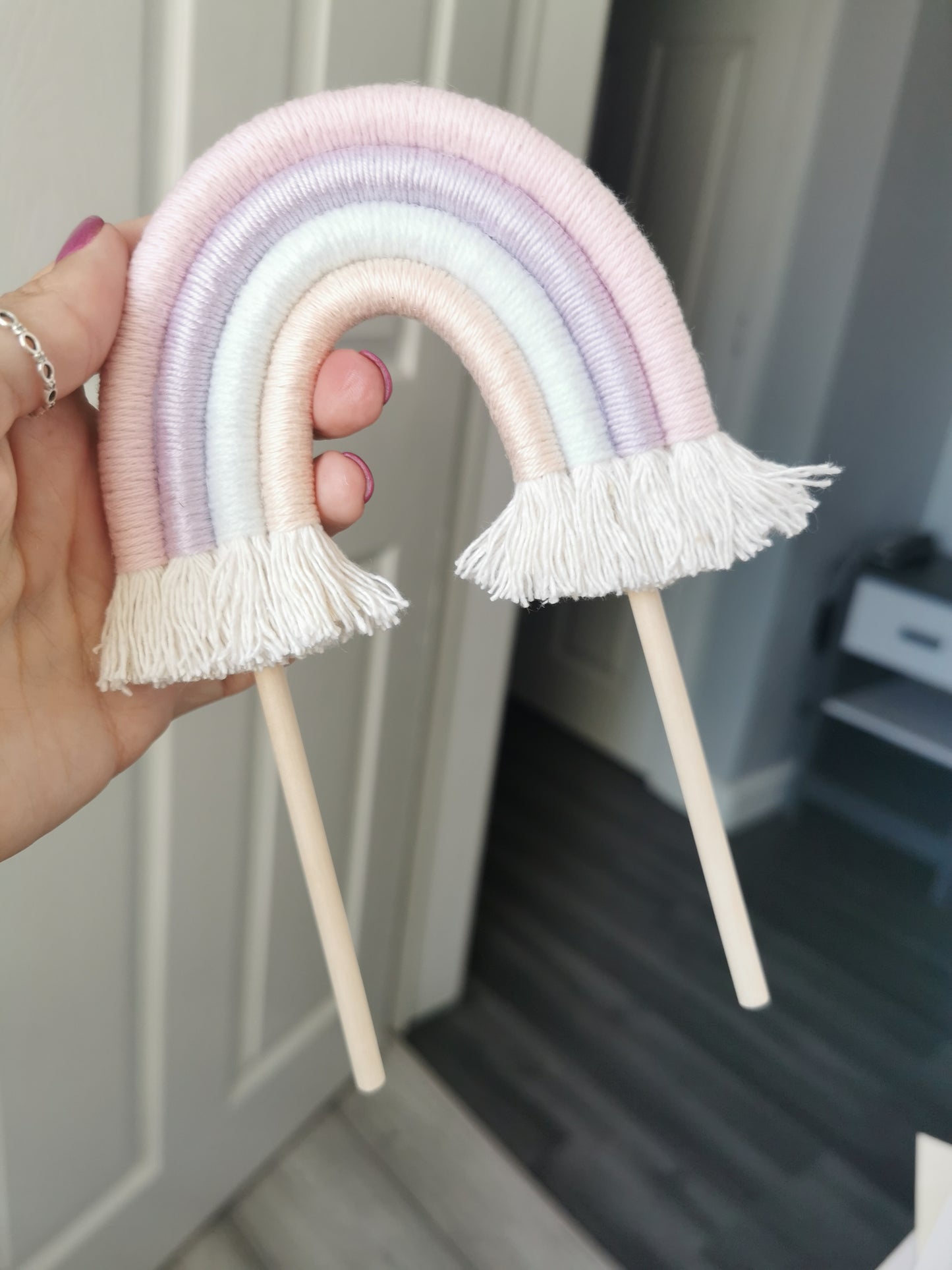 Macrame rainbow cake topper, pastel cake decor, boho rainbow cake topper, christening cake decor, 1st birthday cake topper, baby shower cake decor