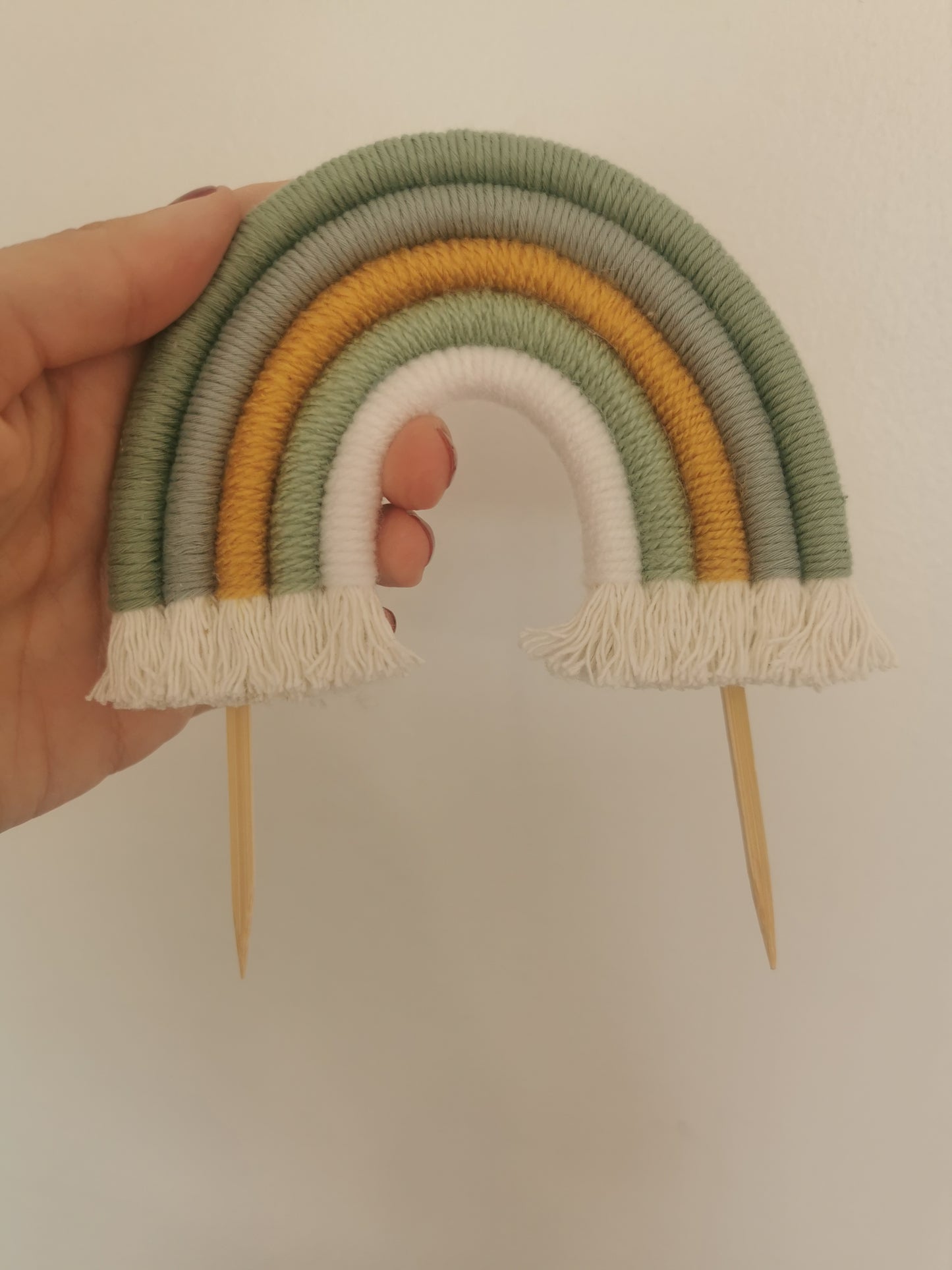 Macrame rainbow cake topper, green cake decor, boho rainbow cake topper, christening cake decor, 1st birthday cake topper, gender reveal decor, baby shower cake decor