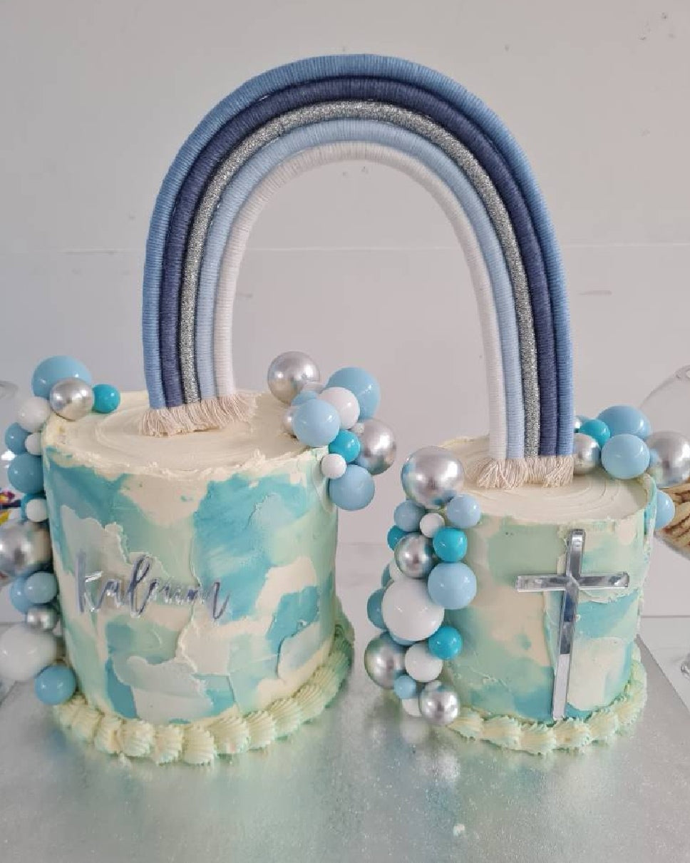 Macrame rainbow cake topper, blue cake decor, boho rainbow cake topper, christening cake decor, 1st birthday cake topper, gender reveal decor, baby shower cake decor