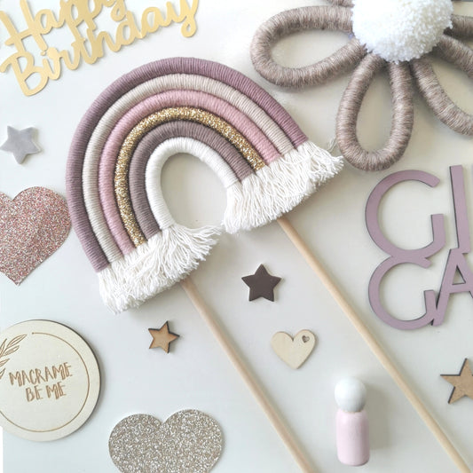 Macrame rainbow cake topper, mauve cake decor, boho rainbow cake topper, christening cake decor, 1st birthday cake topper, gender reveal decor, baby shower cake decor