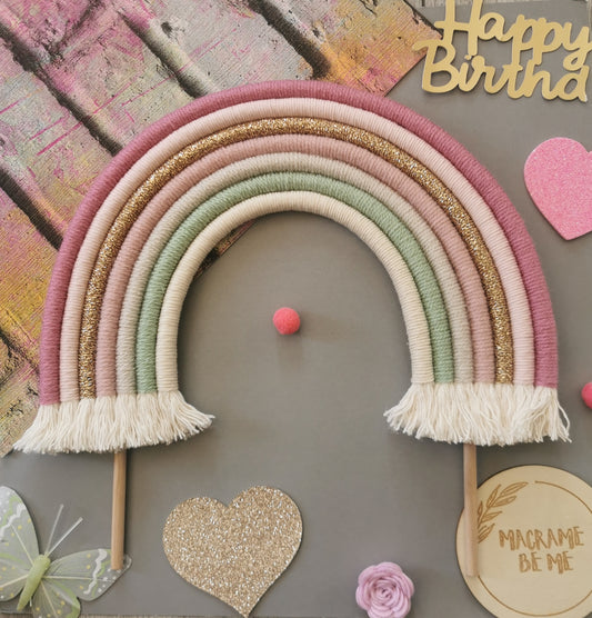 Macrame rainbow cake topper, pink cake decor, boho rainbow cake topper, christening cake decor, 1st birthday cake topper, gender reveal decor, baby shower cake decor