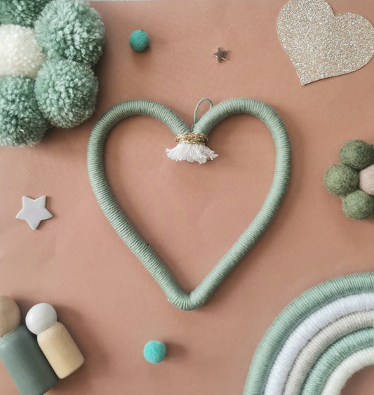 Macrame heart wall hanging decoration, nursery decor, boho wall hanging decoration, kids bedroom decor, sage green decor