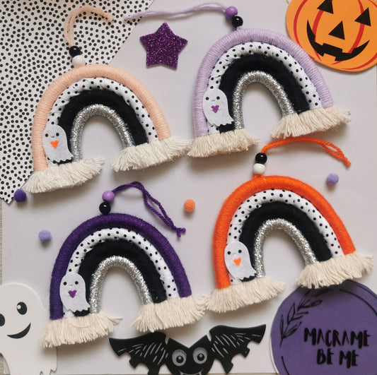 Halloween decor, Halloween macrame rainbow hanging decor, ghost decor, boo basket gift, boo basket accessory