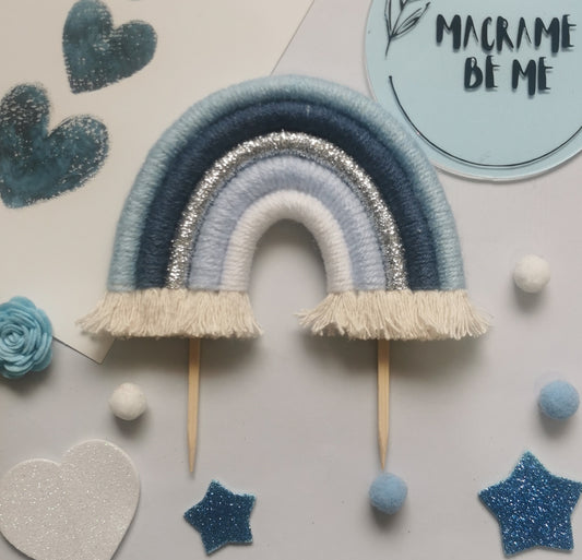 Macrame rainbow cake topper, blue cake decor, boho rainbow cake topper, christening cake decor, 1st birthday cake topper, gender reveal decor, baby shower cake decor