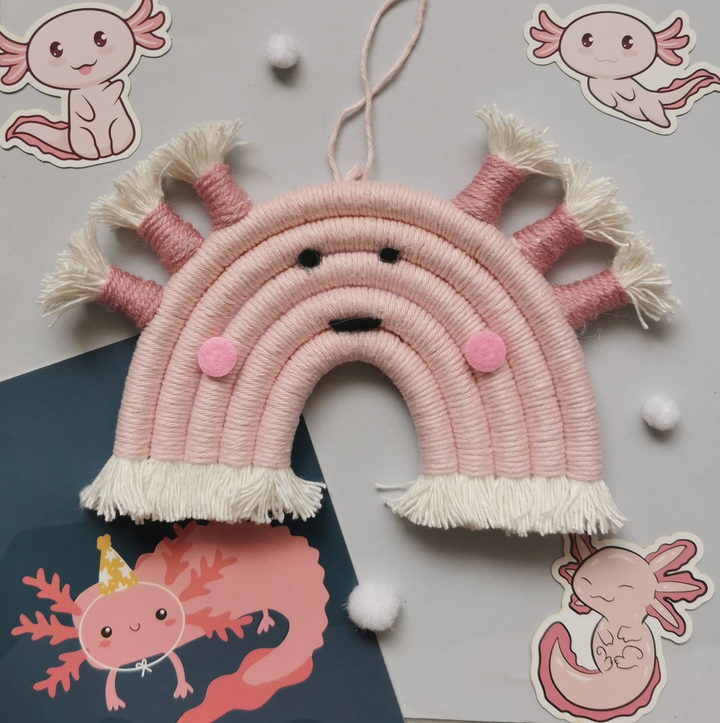Axolotl macrame rainbow wall hanging, axolotl decor, axolotyl bedroom decor, pink decor