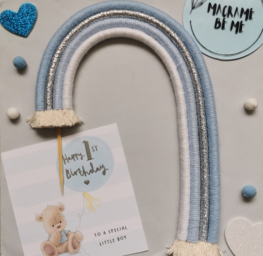 Macrame rainbow cake topper, blue cake decor, boho rainbow cake topper, christening cake decor, 1st birthday cake topper, gender reveal decor, baby shower cake decor
