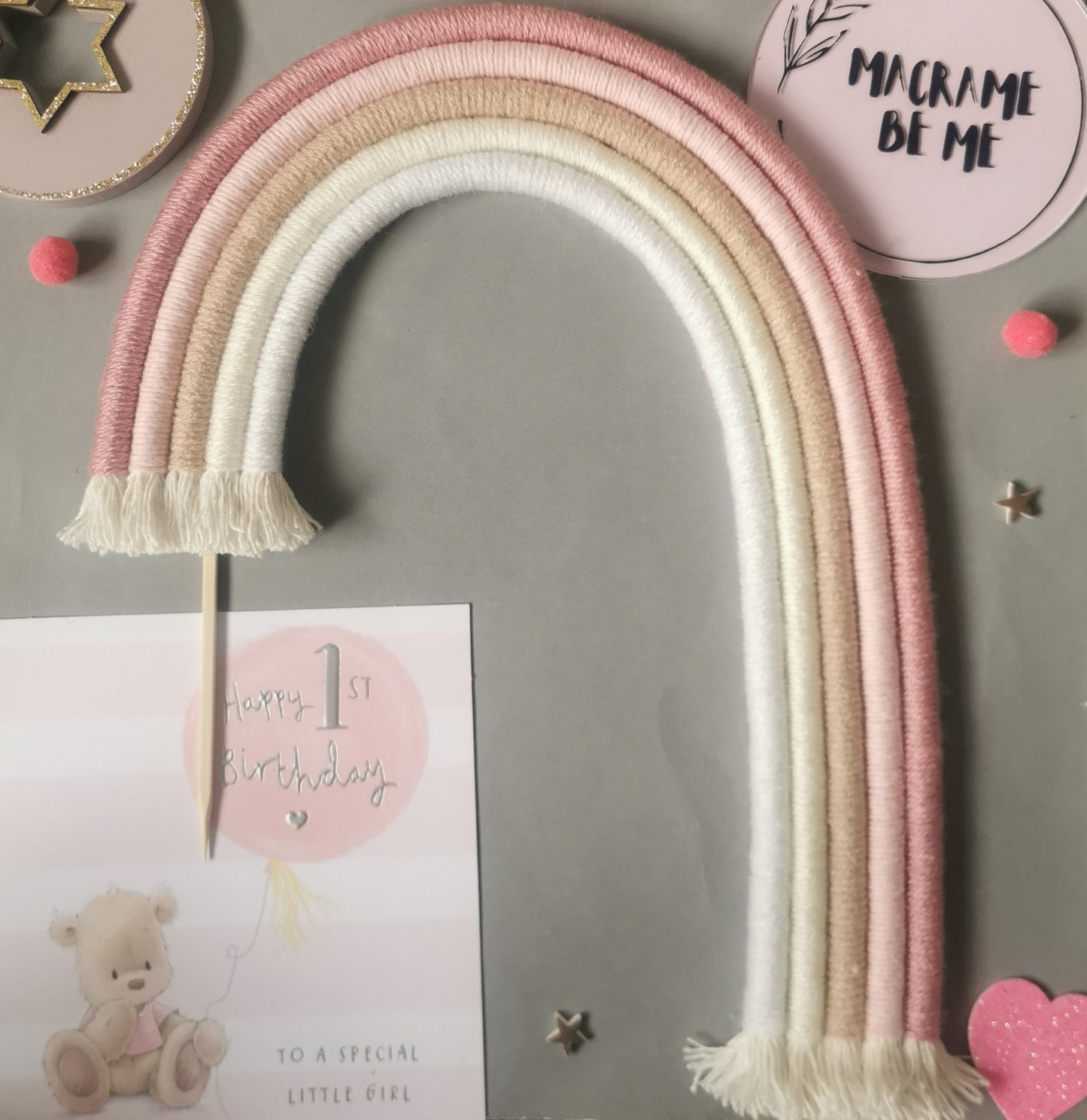 Macrame rainbow cake topper, pink cake decor, boho rainbow cake topper, christening cake decor, 1st birthday cake topper, baby shower cake decor
