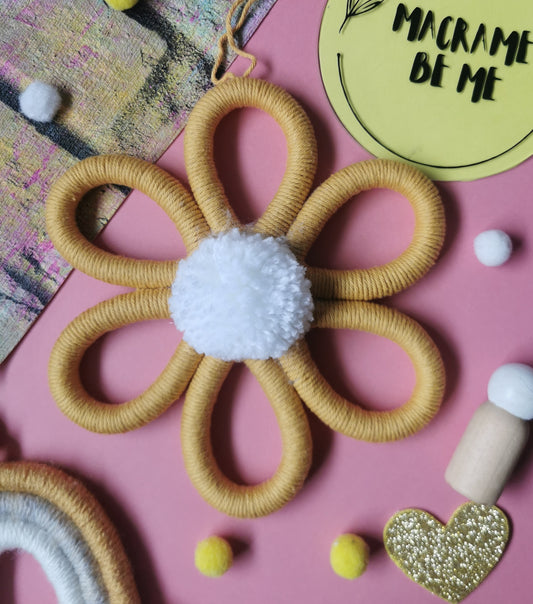 Macrame flower wall hanging decoration, floral nursery decor, boho flower wall hanging, girls nursery decor, yellow bedroom decoration
