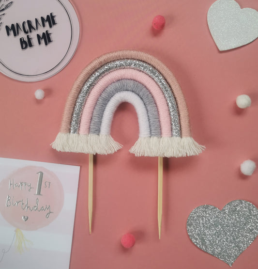 Macrame rainbow cake topper, pink rainbow cake topper, christening cake decor, 1st birthday cake topper, gender reveal decor, baby shower cake decor