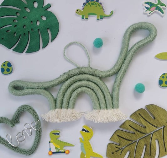 Macrame dinosaur wall hanging decoration, nursery decor, green rainbow dinosaur, boho wall hanging decor, boys nursery decor, sage green decor,