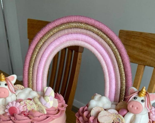 Macrame rainbow cake topper, pink cake decor, boho rainbow cake topper, christening cake decor, 1st birthday cake topper, gender reveal decor, baby shower cake decor