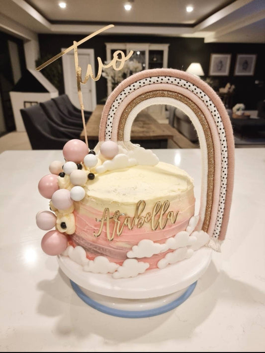 Macrame rainbow cake topper, pink cake decor, boho rainbow cake topper, christening cake decor, 1st birthday cake topper, gender reveal decor, baby shower cake decor