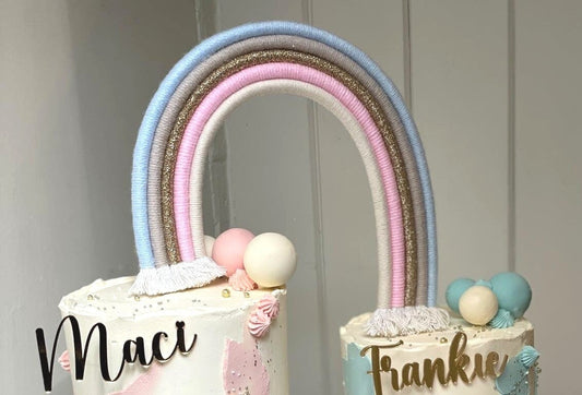 Macrame rainbow cake topper, pink and blue cake decor, boho rainbow cake topper, christening cake decor, 1st birthday cake topper, gender reveal decor, baby shower cake decor