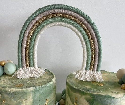 Macrame rainbow cake topper, green cake decor, boho rainbow cake topper, christening cake decor, 1st birthday cake topper, gender reveal decor, baby shower cake decor