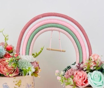 Macrame rainbow cake topper, pink cake decor, boho rainbow cake topper, christening cake decor, 1st birthday cake topper, gender reveal decor, baby shower cake decor