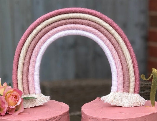 Macrame rainbow cake topper, pink cake decor, boho rainbow cake topper, christening cake decor, 1st birthday cake topper, gender reveal decor, baby shower cake decor
