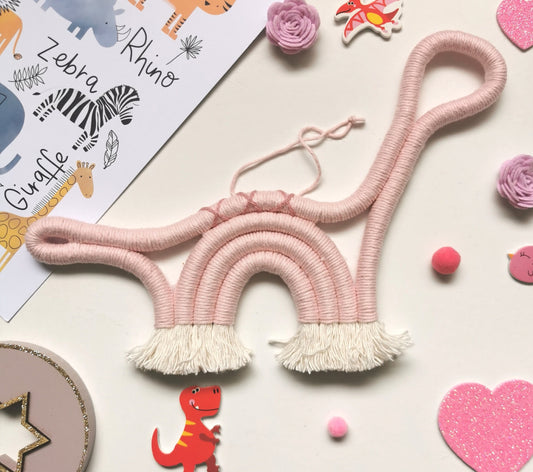 Macrame dinosaur wall hanging decoration, nursery decor, pink rainbow dinosaur, boho wall hanging decor, girls nursery decor, pink nursery decor,