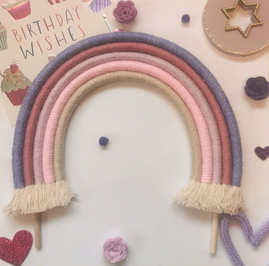Macrame rainbow cake topper, purple cake decor, boho rainbow cake topper, christening cake decor, 1st birthday cake topper, gender reveal decor, baby shower cake decor