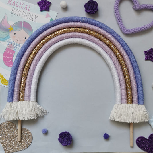 Macrame rainbow cake topper, purple cake decor, boho rainbow cake topper, christening cake decor, 1st birthday cake topper, gender reveal decor, baby shower cake decor