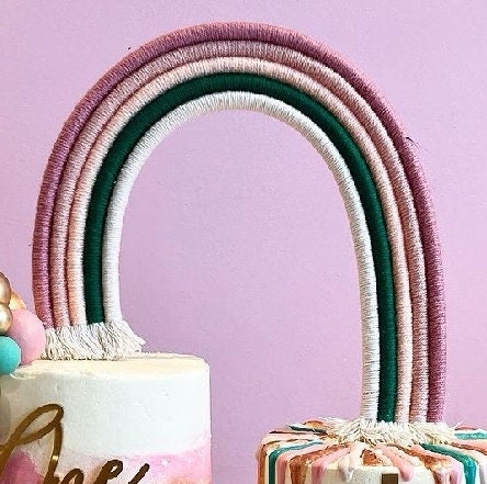 Macrame rainbow cake topper, pink cake decor, boho rainbow cake topper, christening cake decor, 1st birthday cake topper, gender reveal decor, baby shower cake decor