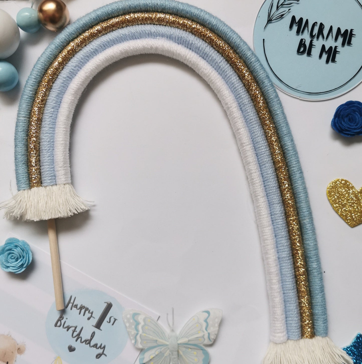 Macrame rainbow cake topper, blue cake decor, boho rainbow cake topper, christening cake decor, 1st birthday cake topper, gender reveal decor, baby shower cake decor