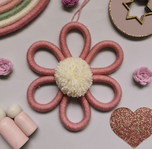 Macrame flower wall hanging decoration, pink nursery decor, boho flower wall hanging, girls nursery decor, girls nursery decor, pink flower decoration