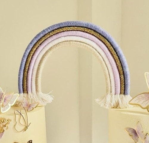 Macrame rainbow cake topper, purple cake decor, boho rainbow cake topper, christening cake decor, 1st birthday cake topper, gender reveal decor, baby shower cake decor