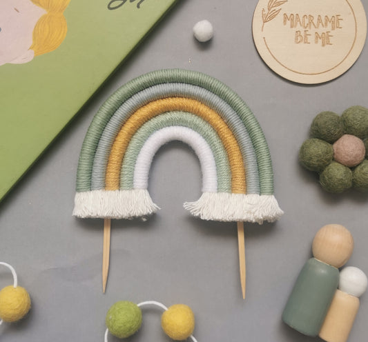 Macrame rainbow cake topper, green cake decor, boho rainbow cake topper, christening cake decor, 1st birthday cake topper, gender reveal decor, baby shower cake decor